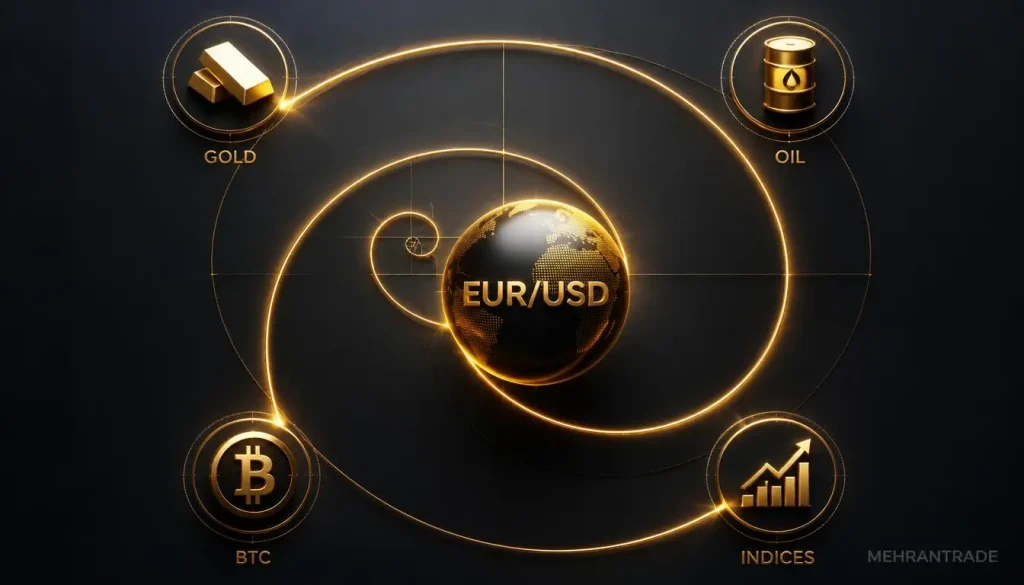 همبستگی جفت‌ارز یورو به دلار (EURUSD) با سایر جفت‌ارزها، شاخص‌های بورس، طلا، نفت و بیت‌کوین در بازار فارکس
